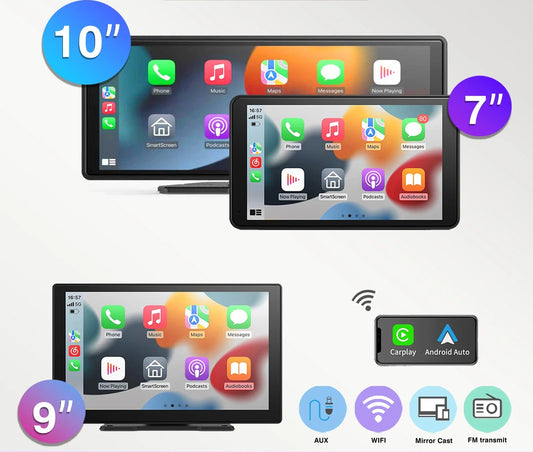 Tela CarPlay para carro, 10" portátil, sem fio, compatível com CarPlay e Android Auto.