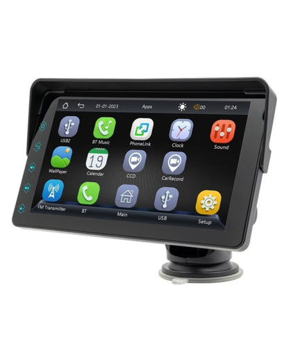 Reprodutor de vídeo multimídia portátil com tela sensível ao toque IPS de 7 polegadas, CarPlay, Android Auto e rádio automotivo.