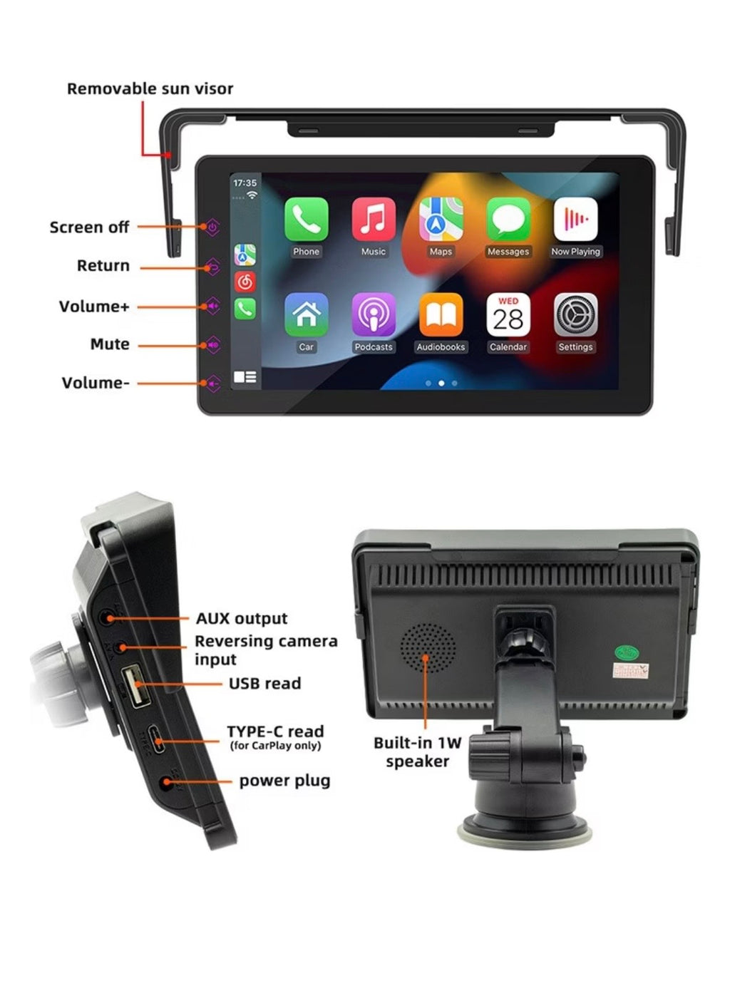 Rádio do carro reprodutor de vídeo multimídia sem fio carplay e android auto portátil tela tátil universal
