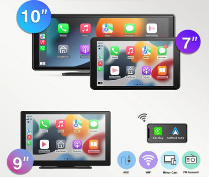 Tela CarPlay para carro, 10" portátil, sem fio, compatível com CarPlay e Android Auto.
