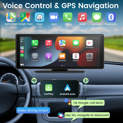 Tela CarPlay para carro, 10" portátil, sem fio, compatível com CarPlay e Android Auto.